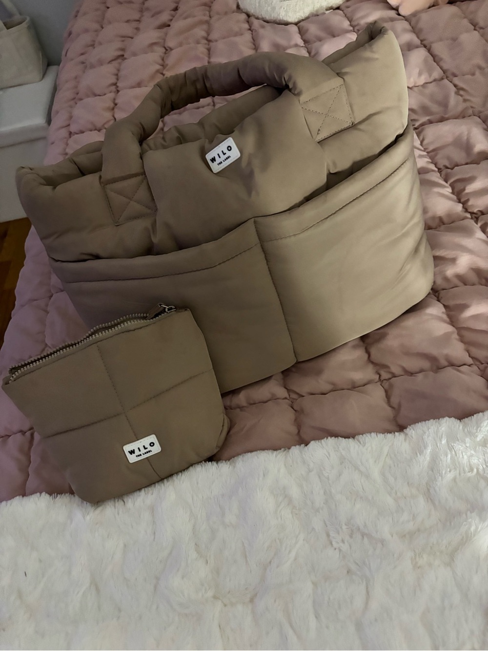 Quilted WILO The Label Puffer Tote Bag in Taupe with Matching Pouch